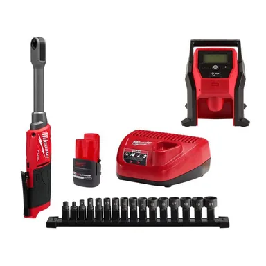 Milwaukee 3050-21-2475-20, bundle: M12 FUEL INSIDER 12V Lithium-Ion Brushless 1/4 in.-3/8 in. Extended Reach Cordless Ratchet Box Ratchet Kit w Inflator