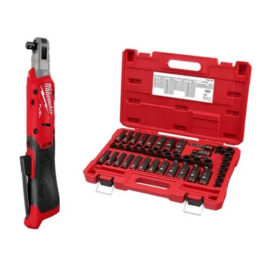 Milwaukee 3053-20-49-66-7009, bundle: M12 12V Lithium-Ion 3/8 in. Cordless Ratchet with 3/8 in. Drive SAE and Metric 6 Point Impact Socket Set (43-Piece)