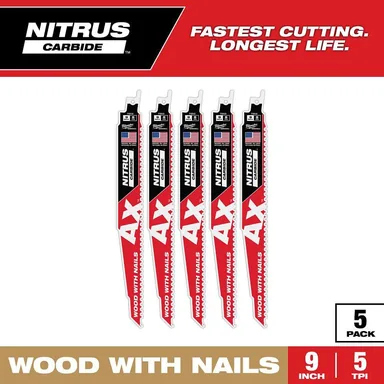 Milwaukee 48-00-7552, accessory: 9 in. 5 TPI NITRUS AX Carbide Teeth Demolition Nail-Embedded Wood Cutting SAWZALL Reciprocating Saw Blade 5PK