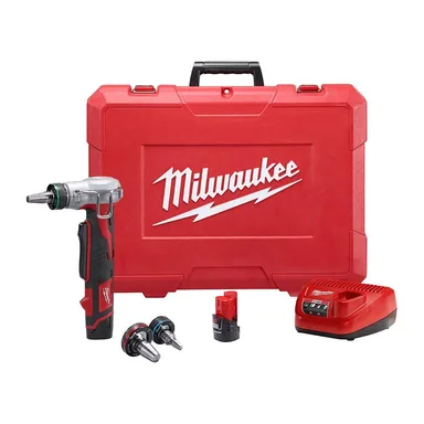 Milwaukee 2432-22, kit: M12 12-Volt Lithium-Ion Cordless ProPEX Expansion Tool Kit with (2) 1.5Ah Batteries, (3) Expansion Heads and Hard Case (photograph from the Home Depot listing)
