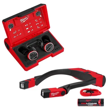 Milwaukee 2191-21-2117-21, bundle: REDLITHIUM USB Red Wireless Bluetooth Noise Cancelling Earbud with 400 Lumens Rechargable Neck Light