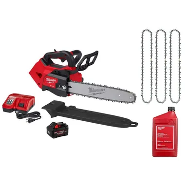 Milwaukee 2826-21T-49-16-2819-49-16-2837, bundle: M18 FUEL 14 in. 18V Lith-Ion Battery Top Handle Chainsaw Kit w/ 14 in. Chainsaw Chain (3 Pack), 1 Quart Bar & Chain Oil
