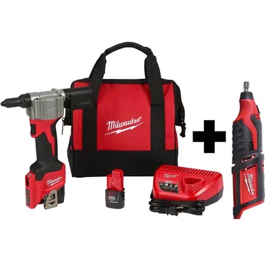 Milwaukee 2550-22-2460-20, bundle: M12 12-Volt Lithium-Ion Cordless Rivet Tool Kit with (2) 1.5Ah Batteries and Charger and M12 Rotary Tool