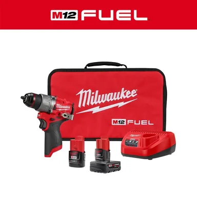 Milwaukee 3404-22, kit: M12 FUEL 12V Lithium-Ion Brushless Cordless 1/2 in. Hammer Drill Kit with 4.0 Ah and 2.0 Ah Battery and Soft Case (photograph from the Home Depot listing)