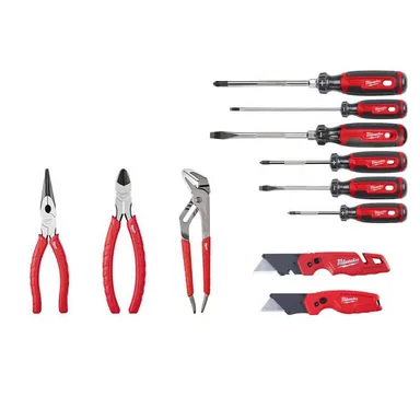 Milwaukee MT200-6-48-22-1503-48-22-6331, bundle: Screwdriver Set with Cushion Grip with FASTBACK Utility Knife and Compact Utility Knife and Pliers Kit (10-Piece)