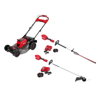Milwaukee 2823-20-3043-21-3046-21HD, bundle: M18 FUEL Brushless Cordless 21 in Walk Behind Dual Battery Self-Propelled Mower w/ M18 Hedge Trimmer, M18 String Trimmer