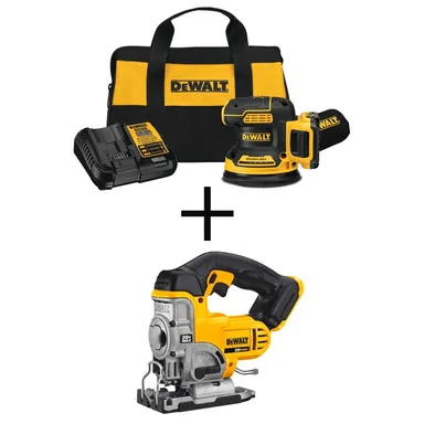 DeWalt DCW210D1W331B, bundle: 20V MAX XR Cordless Brushless 5 in. Random Orbital Sander, 20V MAX Jigsaw, (1) 20V 2.0Ah Battery, and Charger