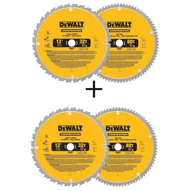DeWalt DW3128P5W3128P5, accessory: 12 in. Miter Saw Blade 32-Teeth and 80-Teeth (2-Pack) with Bonus 12 in. Miter Saw Blade 32-Teeth and 80-Teeth (2-Pack)