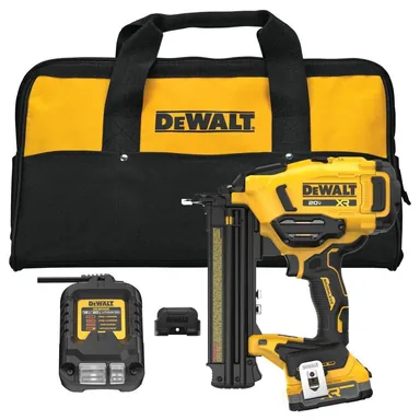 DeWalt DCN210E1, kit: 20V XR 18 Gauge Brushless Cordless 2 in. Brad Nailer Kit with POWERSTACK 1.7 Ah Battery, Charger, Tool Connect and Bag (photograph from the Home Depot listing)