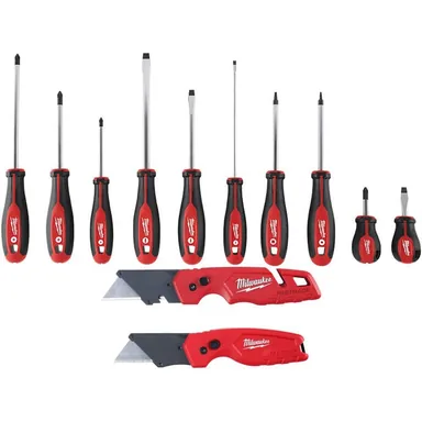 Milwaukee 48-22-2710-48-22-1503, bundle: Screwdriver Set with Fastback Folding Utility Knife with Blade Storage and Compact Folding Utility Knife (12-Piece)
