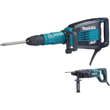Makita HM1214CX, standalone tool: Makita HM1214CX 27 lb. SDS-MAX AVT Demolition Hammer, and 1" Rotary Hammer