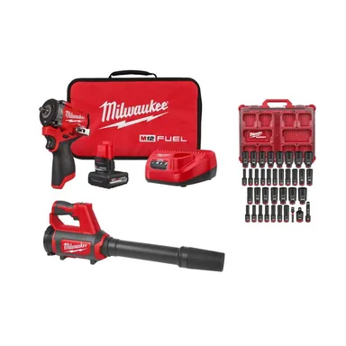 Milwaukee 2562-21-0852-20-49-66-6805, bundle: M12 FUEL 12V Stubby 3/8 in. Impact Wrench Kit w/ M12 12V Compact Spot Blower w/ 36-pc 3/8 in. Metric/SAE PACKOUT Socket