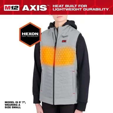 Milwaukee F300G-21XL, kit: Women's Large M12 12V Lithium-Ion Cordless AXIS Gray Heated Vest Kit with (1) 2.0 Ah Battery and Charger (photograph from the Home Depot listing)