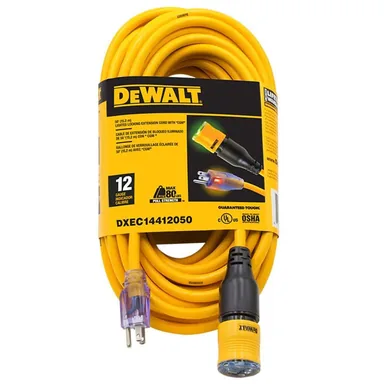 DeWalt DXEC14412050, accessory: 50 ft. 12/3 SJTW Heavy-Duty Locking Yellow Extension Cord with Dual Lighted Plugs for Power and Ground Continuity