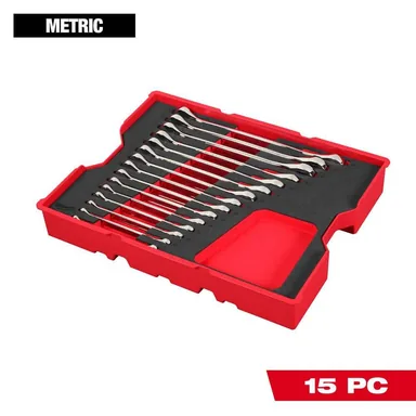 Milwaukee 48-22-0156, unpowered: Metric Ratcheting Combination Wrench Set with Tray for PACKOUT Drawers (15-Piece) (photograph from the Home Depot listing)