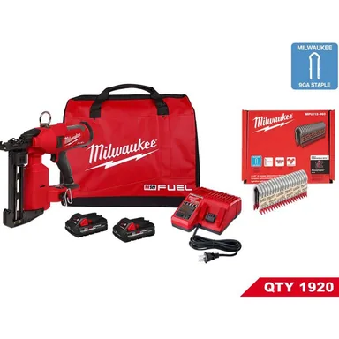 Milwaukee 2843-22-MPU112-960X2, bundle: M18 FUEL 18-Volt Brushless Cordless Utility Fencing Stapler w/1-1/2 in. 9-Gauge Galvanized Staples 960 per Box (2-Pack)