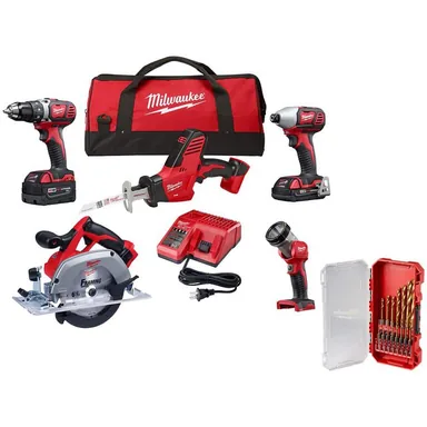 Milwaukee 2695-25CX-48-89-4670, bundle: M18 18V Lith-Ion Cordless Combo Kit (5-Tool) w/(1) 3.0Ah & (1) 1.5Ah Battery, (1) Charger & Drill Bit Set (15-Piece)