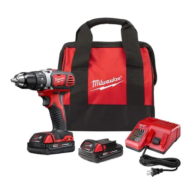 Milwaukee 2606-22CT, kit: M18 18V Lithium-Ion Cordless 1/2 in. Drill Driver Kit w/(2) 1.5Ah Batteries, Charger, Soft Case (photograph from the Home Depot listing)