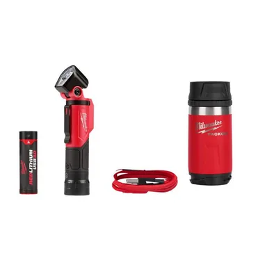 Milwaukee 2113-21-48-22-8391R, bundle: 500 Lumens LED Pivoting REDLITHIUM USB Flashlight with PACKOUT Red 12 oz. Insulated Bottle with Sip Lid