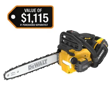 DeWalt DCCS674X2, kit: FLEXVOLT 60V MAX 14 in. Brushless Cordless Battery Powered Top Handle Chainsaw Kit with (2) 3.0 Ah Batteries and Charger