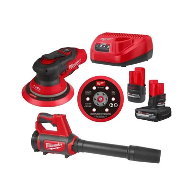 Milwaukee 2585-22CX-0852-20, bundle: M12 FUEL 12-Volt Li-Ion Brushless Cordless 6 in. Random Orbital Sander Kit (3/16 in) wM12 5.0Ah,2.5Ah Batteries,&Blower