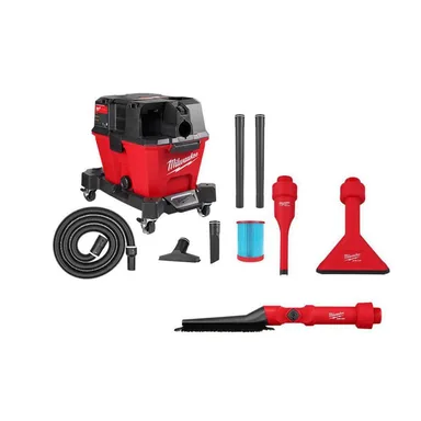 Milwaukee 0910-20-49-90-2027-49-90-2034, bundle: M18 FUEL 6 Gal. Cordless Wet/Dry Shop Vac W/Filter, Hose and AIR-TIP 1-1/4 in. - 2-1/2 in. Brush, Crevice and Nozzle Kit
