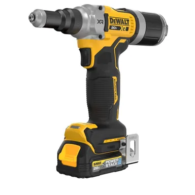 DeWalt DCF414GE2, kit: 20-Volt Maximum XR Lithium-Ion Brushless Cordless 1/4 in. Rivet Tool Kit w/2 POWERSTACK 1.7 Ah Batteries Charger and Bag (photograph from the Home Depot listing)