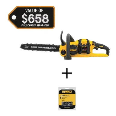 DeWalt DCCS670X1WT616T, bundle: FLEXVOLT 60V MAX 16 in. Brushless Cordless Chainsaw Kit with (1) 3.0 Ah Battery and Charger w/Extra 16 in. Chain