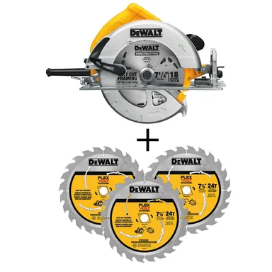 DeWalt DWE575wDWAFV37243, bundle: 15 Amp 7-1/4 in. Lightweight Circular Saw with Bonus  24-Teeth Circular Saw Blade (3-Pack)