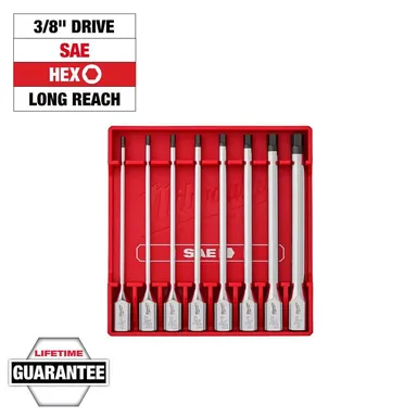 Milwaukee 48-22-9546, unpowered: 3/8 in. Drive SAE Long Hex Bit Socket Set (8-Piece) (photograph from the Home Depot listing)