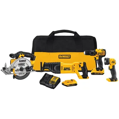 DeWalt DCK423D2, bundle: 20V MAX Cordless 4 Tool Combo Kit with (2) 20V 2.0Ah Batteries and Charger (photograph from the Home Depot listing)