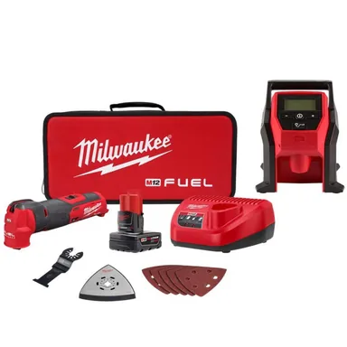 Milwaukee 2526-21XC-2475-20, bundle: M12 FUEL 12V Lithium-Ion Cordless Oscillating Multi-Tool Kit w/ 4.0 Ah Battery, Charger, Accessories, Bag & Inflator