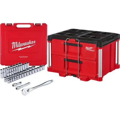 Milwaukee 48-22-9010-48-22-8442, bundle: 1/2 in. Drive SAE/Metric Mechanics Tool Set (47-Piece) with PACKOUT 2-Drawer Tool Box