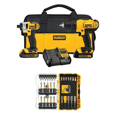 DeWalt DCK240C2W30SET, bundle: 20V MAX Lithium-Ion Cordless Drill/Impact 2 Tool Combo Kit & 1/4 in. Bit Set (30-Piece) w/ (2) 1.3Ah Batteries & Charger