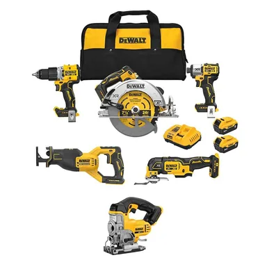 DeWalt DCK510P2WCS331B, bundle: 20V Lithium-Ion Cordless 5-Tool Combo Kit and 20V MAX Cordless Jig Saw with (2) 5.0 Ah Battery Packs and Charger