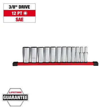 Milwaukee 48-22-9421, unpowered: 3/8 in. Drive SAE 12-Point Deep Well Socket Set (12-Piece)