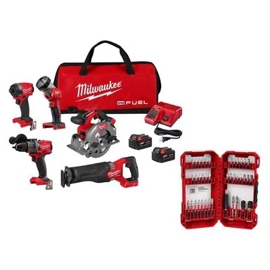 Milwaukee 3697-25-48-32-4022, bundle: M18 FUEL 18V Li-Ion Cordless Combo Kit (5-Tool) with Two 5.0 Ah Batteries, 1 Charger 1 Tool Bag w/SHOCKWAVE Bit (40-Pc)