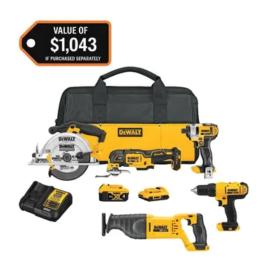 DeWalt DCK551D1M1, bundle: 20V MAX Cordless 5 Tool Combo Kit with (1) 20V 4.0Ah Battery, (1) 20V 2.0Ah Battery, and Charger (photograph from the Home Depot listing)