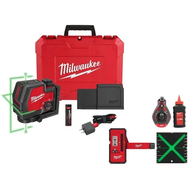 Milwaukee 3522-21-48-22-3986-48-35-1211-48-35-1111, bundle: 100 ft. Green Rechargeable Cross Line & Plumb Laser, 100 ft. Red Chalk Reel, 165 ft. Laser Detector & Centering Target