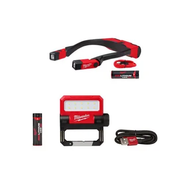 Milwaukee 2117-21-2114-21, bundle: 400 Lumens LED REDLITHIUM Rechargeable Neck Light and 550 Lumens LED Rechargeable Pivoting Flood Light