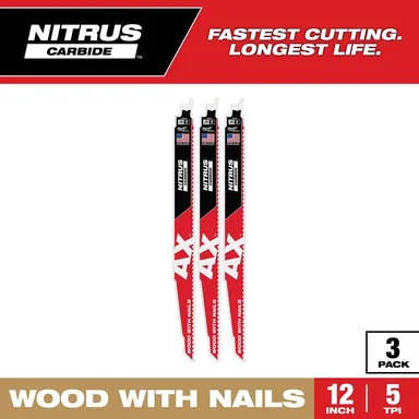 Milwaukee 48-00-7353, accessory: 12 in. 5 TPI NITRUS AX Carbide Teeth Demolition Nail-Embedded Wood Cutting SAWZALL Reciprocating Saw Blade 3PK