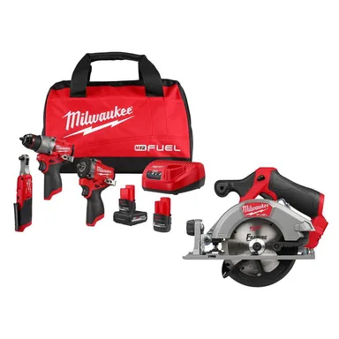 Milwaukee 3424-23-2521-20, bundle: M12 FUEL 12V Lithium-Ion Cordless Drill Driver, Impact Wrench, Ratchet & Circular Saw Combo Kit w/Batteries, & Charger