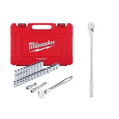 Milwaukee 48-22-9510-48-22-9050, bundle: 1/2 in. Drive Metric Ratchet & Socket Mechanics Tool Set with 1/2 in. Drive 90-Tooth 18 in. Extended Ratchet (29-Piece)
