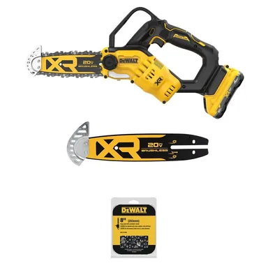 DeWalt DCCS623QQ1W088P, bundle: 20V MAX 8 in. Brushless Cordless Battery Powered Pruning Mini Chainsaw with 4.0 Ah Battery, Charger, Extra Bar and Chain