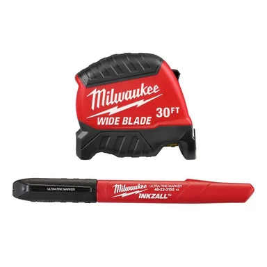 Milwaukee 48-22-1230-48-22-3150, bundle: 30FT Wide Blade Tape Measure and 12PK INKZALL Black Ultra Fine Point Markers