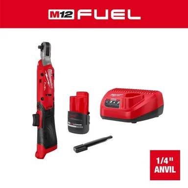 Milwaukee 3052-21, kit: M12 FUEL 12V Lithium-Ion Compact 1/4 in. Cordless Ratchet Kit with Battery, and Charger (photograph from the Home Depot listing)