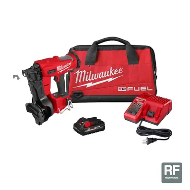 Milwaukee 2909-21, kit: M18 FUEL 18-Volt Lithium-Ion Brushless Cordless Coil Roofing Nailer Combo Kit with (1) 3.0 Ah Battery, Charger and Bag (photograph from the Home Depot listing)