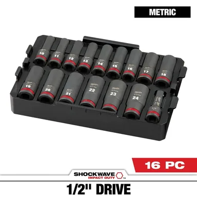 Milwaukee 49-66-6818, accessory: SHOCKWAVE Impact-Duty 1/2 in. Drive Metric Deep Well Impact Socket Set (16-Piece)