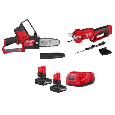 Milwaukee 2527-20-2534-20-48-59-2450P, bundle: M12 FUEL 6 in. 12V Brushless Cordless Battery Pruning Mini Chainsaw w/ Pruning Shears, (2) 5. 0Ah Batteries, Charger