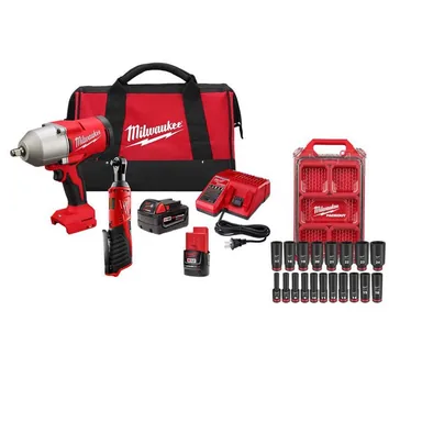 Milwaukee 2666-22RH-49-66-6801, bundle: M12/M18V Lithium-Ion Cordless 3/8 in. Ratchet, 1/2 in. High Torque Impact Wrench w/ Friction Ring Combo Kit & Socket Set